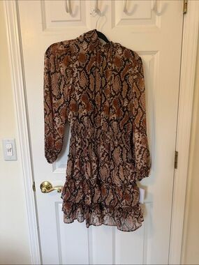 1state Snake Skin Printed Tiered Long-Sleeve Dress in Brown Medium M NWT